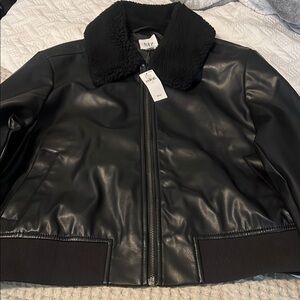GAP Black Faux Leather Jacket with Shearling Collar